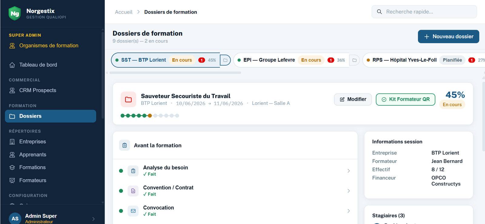 Capture d'écran — dossiers de formation Norgestix